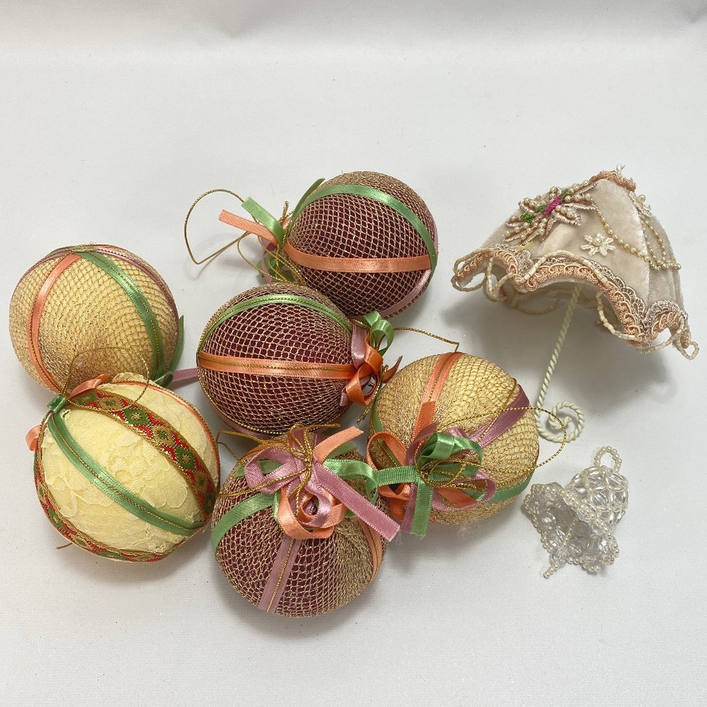 Victorian Ribbon Mesh Christmas Ornaments 6 Balls 1 Umbrella 1 Small Beaded Bell